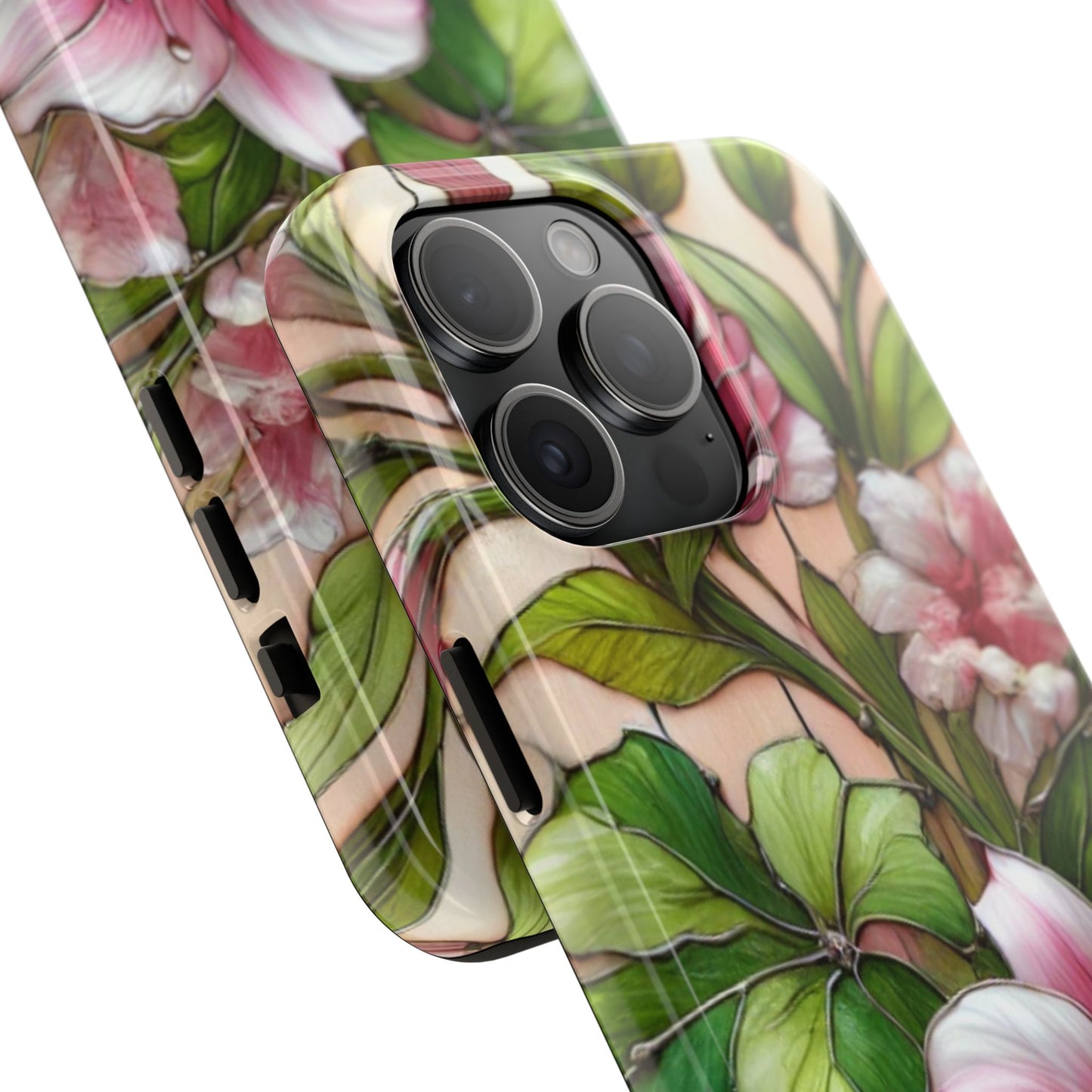 Floral Tough Phone Case - Durable Protection with Tropical Hibiscus Pink and Green Design