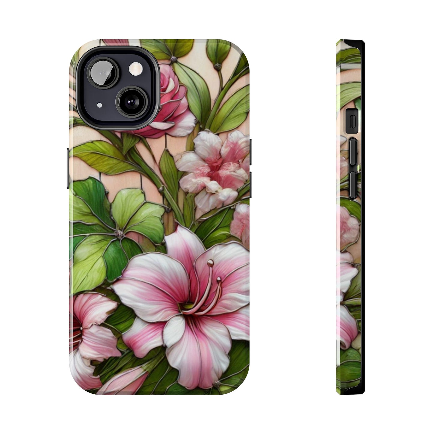 Floral Tough Phone Case - Durable Protection with Tropical Hibiscus Pink and Green Design