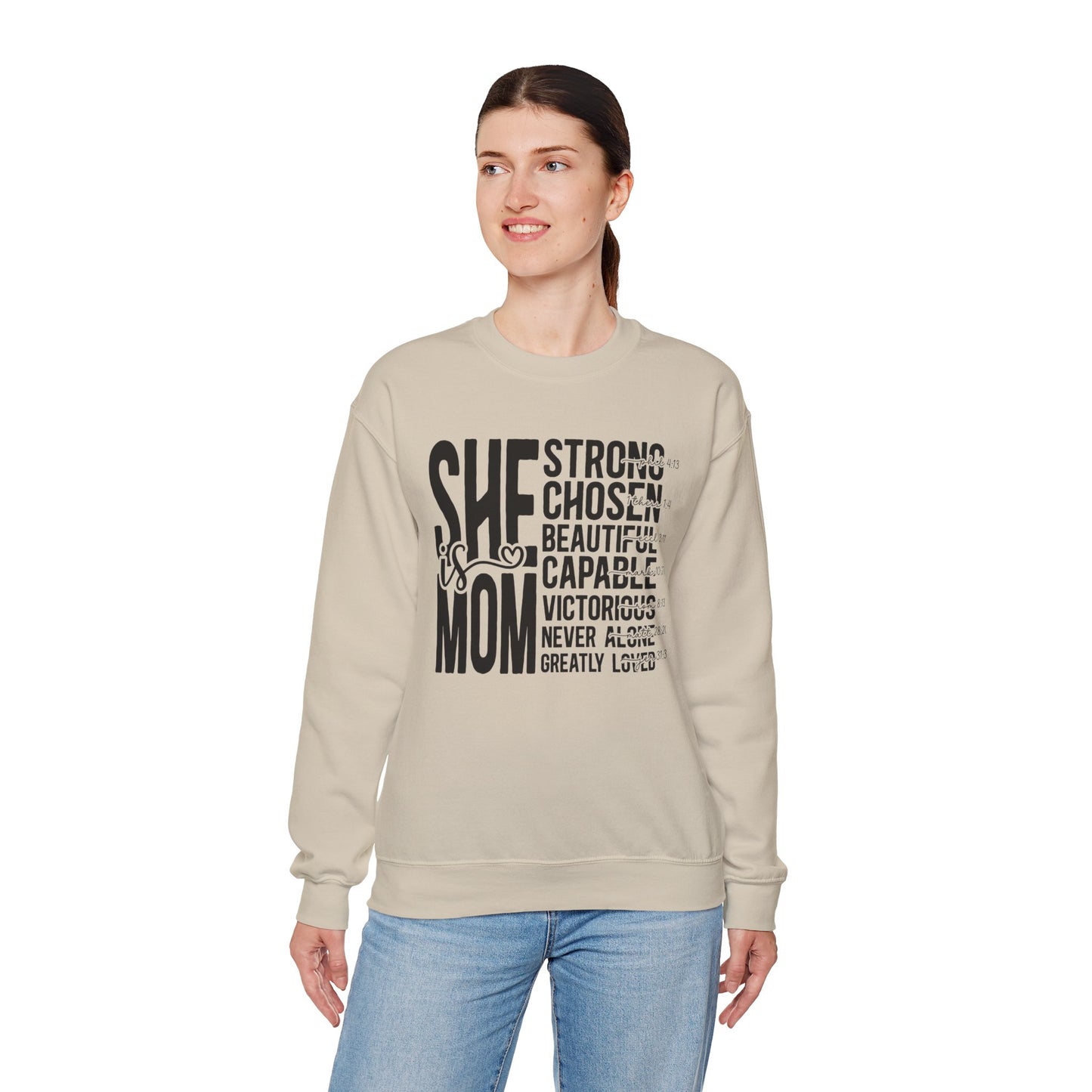 Inspirational Mom Crewneck Sweatshirt - Strong, Chosen, Capable Design