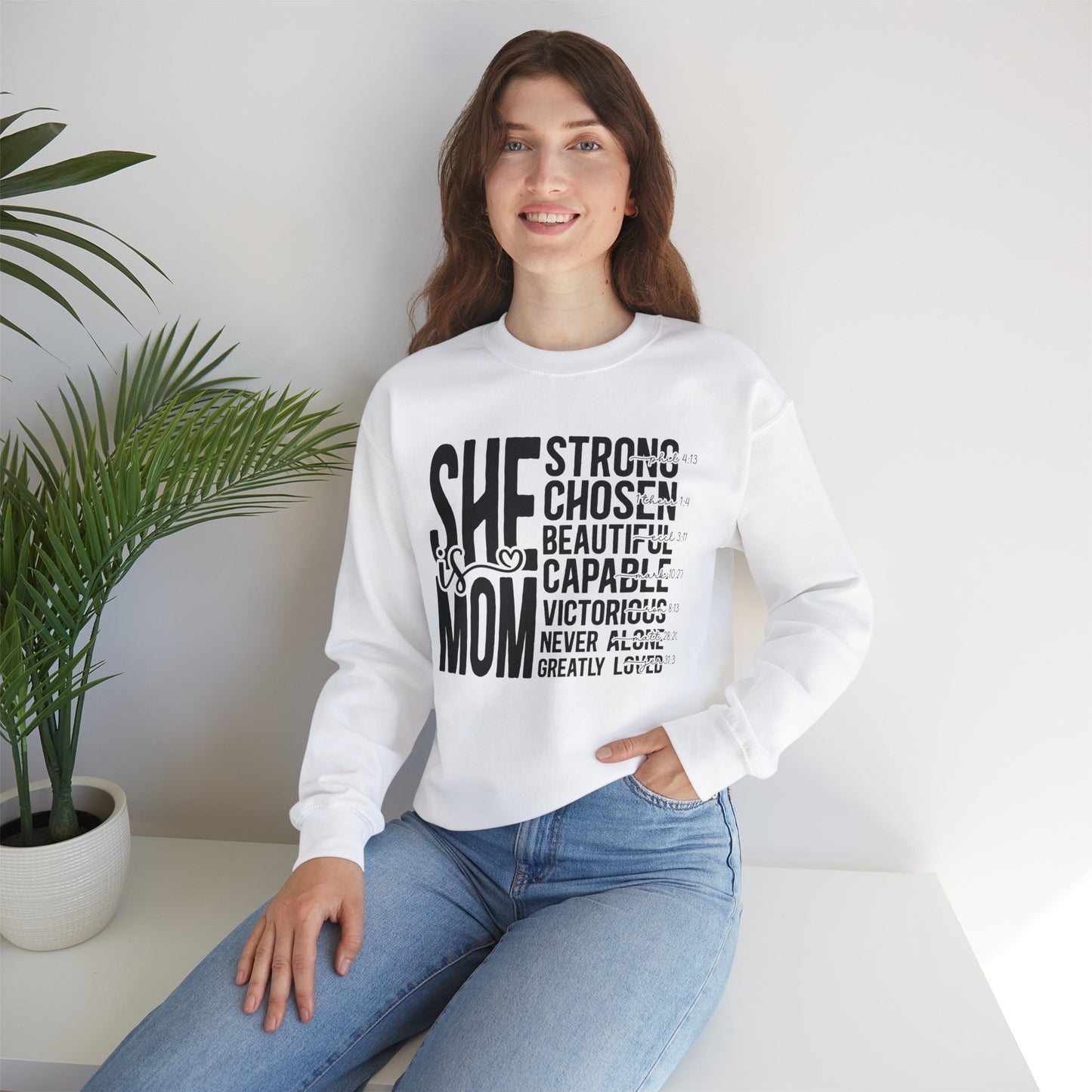 Inspirational Mom Crewneck Sweatshirt - Strong, Chosen, Capable Design