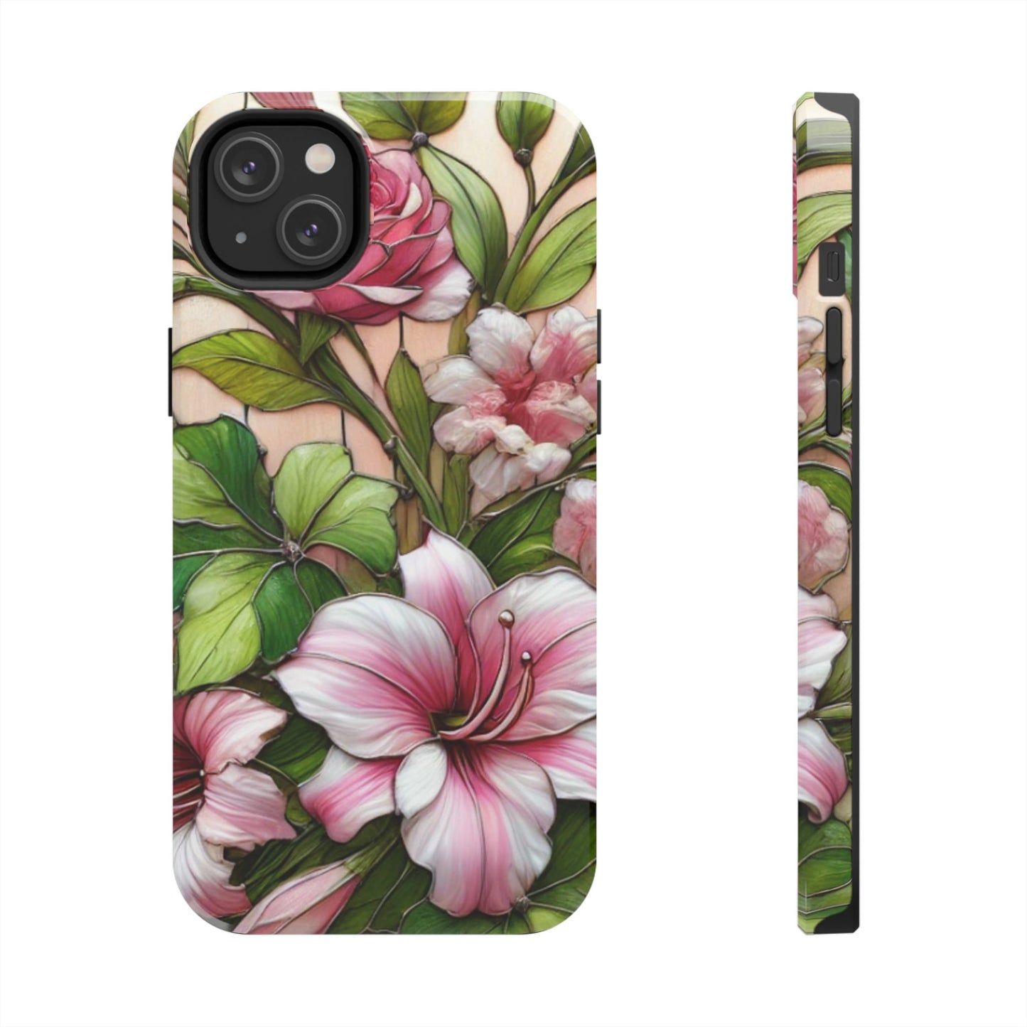 Floral Tough Phone Case - Durable Protection with Tropical Hibiscus Pink and Green Design