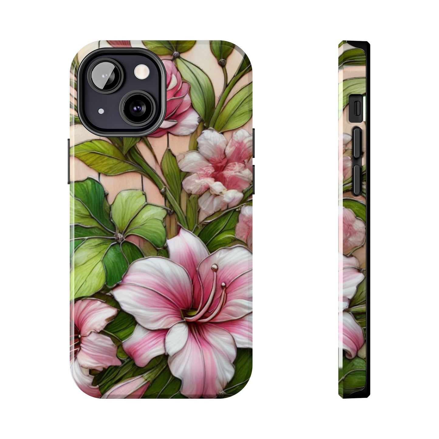 Floral Tough Phone Case - Durable Protection with Tropical Hibiscus Pink and Green Design