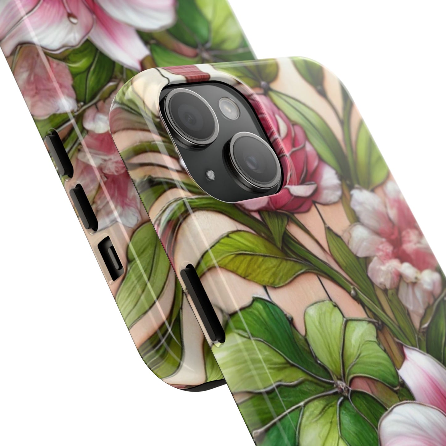 Floral Tough Phone Case - Durable Protection with Tropical Hibiscus Pink and Green Design