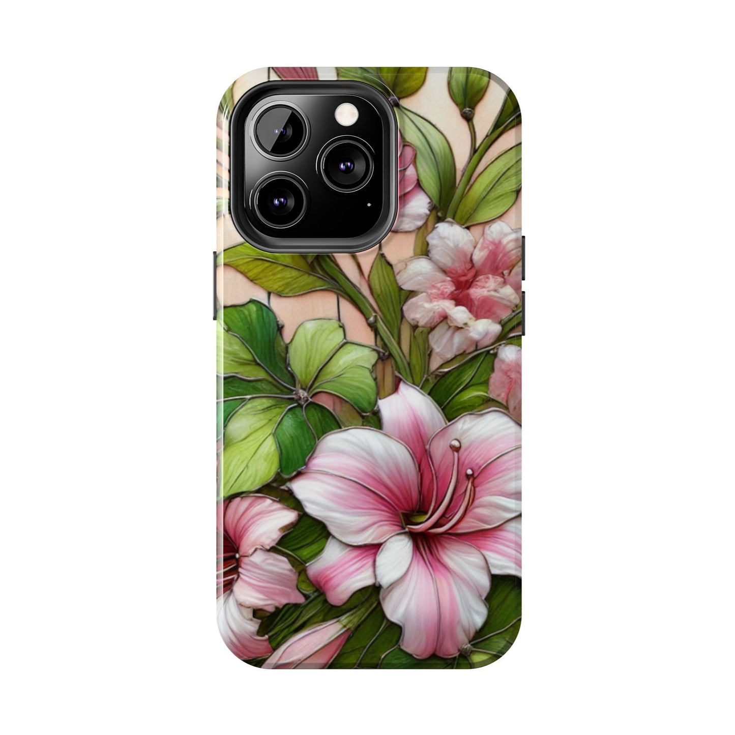 Floral Tough Phone Case - Durable Protection with Tropical Hibiscus Pink and Green Design