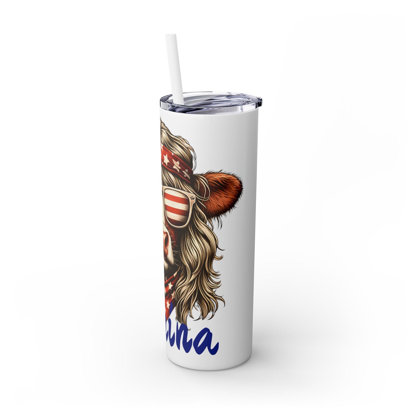 Personalized Patriotic Cow Tumbler, Custom Personalized Skinny Tumbler with Straw for Fourth of July