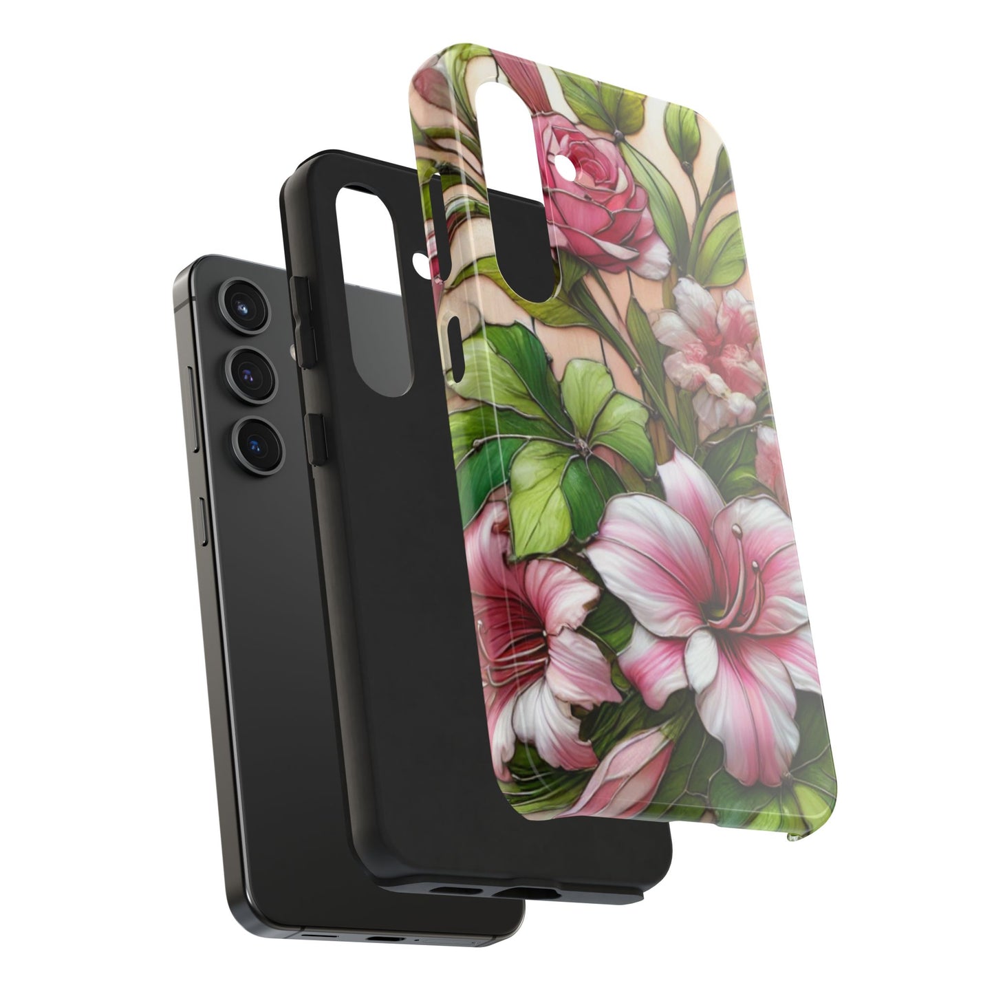 Floral Tough Phone Case - Durable Protection with Tropical Hibiscus Pink and Green Design