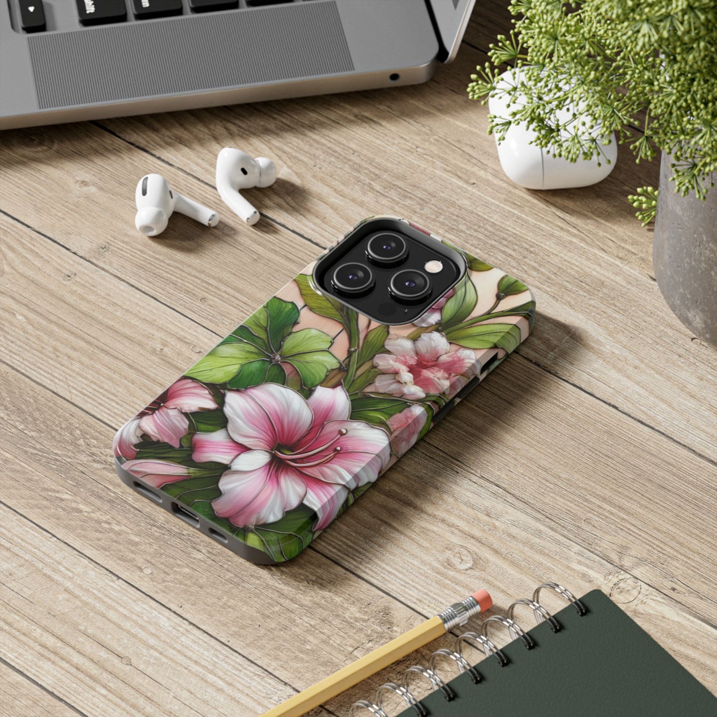 Floral Tough Phone Case - Durable Protection with Tropical Hibiscus Pink and Green Design
