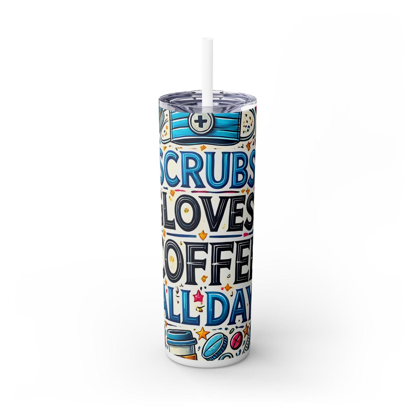 Nurse Coffee Tumbler with Straw - 20oz Scrubs, Gloves, Coffee Design
