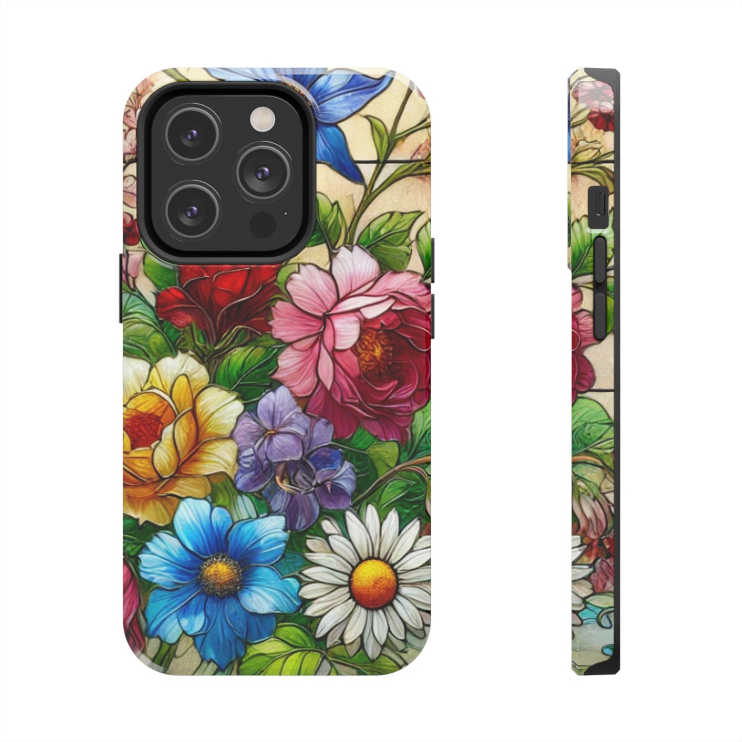 Colorful Floral Stained Glass Look Tough Phone Case - Durable Protection with Vibrant Flower Design