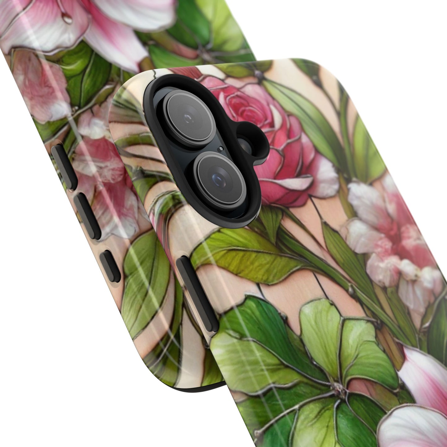 Floral Tough Phone Case - Durable Protection with Tropical Hibiscus Pink and Green Design
