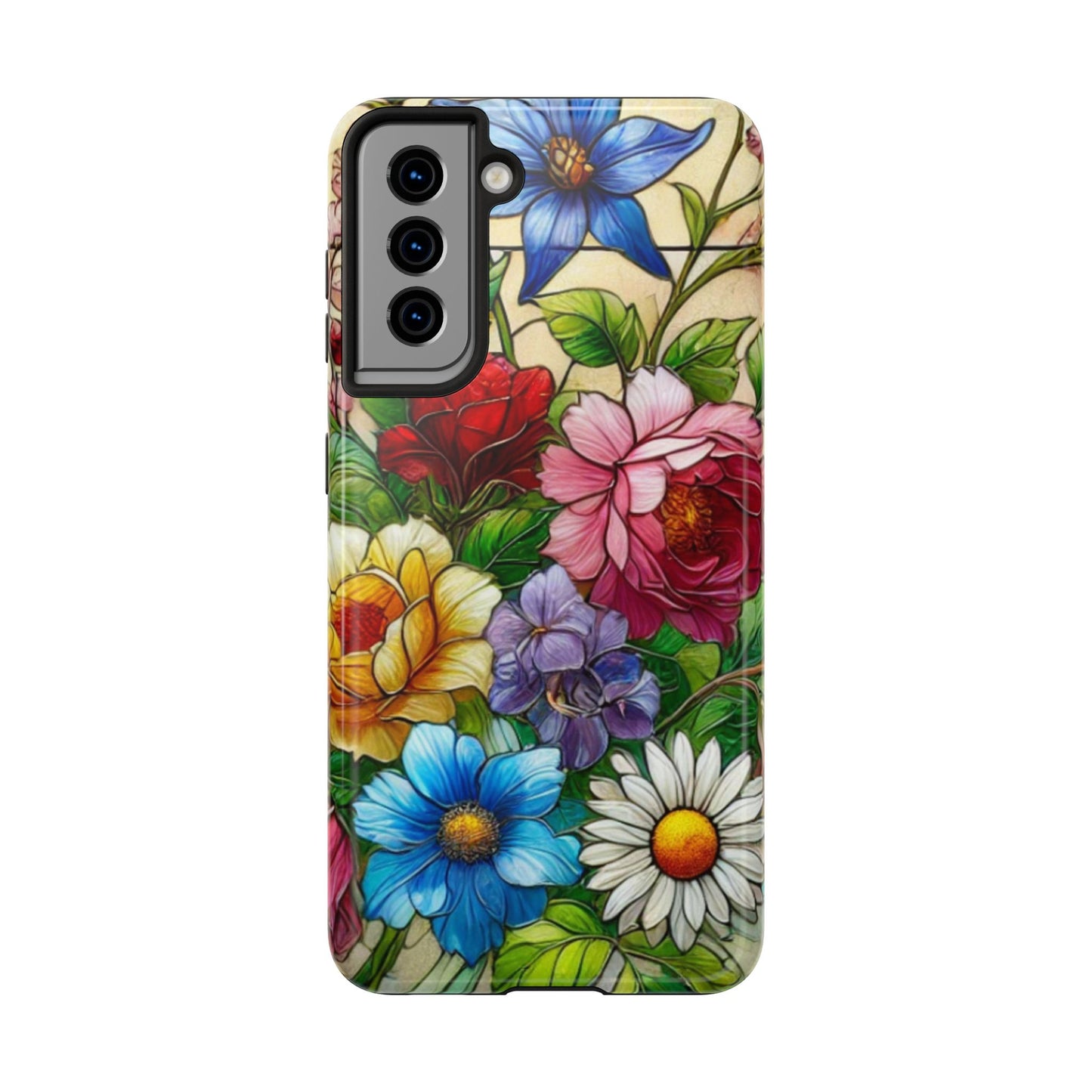 Colorful Floral Stained Glass Look Tough Phone Case - Durable Protection with Vibrant Flower Design