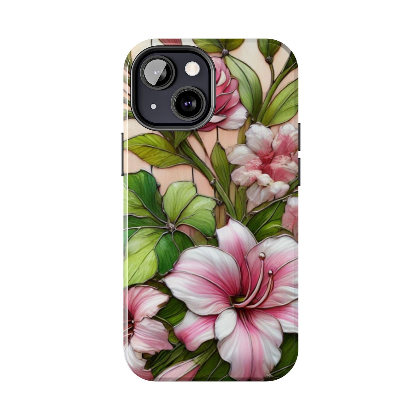 Floral Tough Phone Case - Durable Protection with Tropical Hibiscus Pink and Green Design