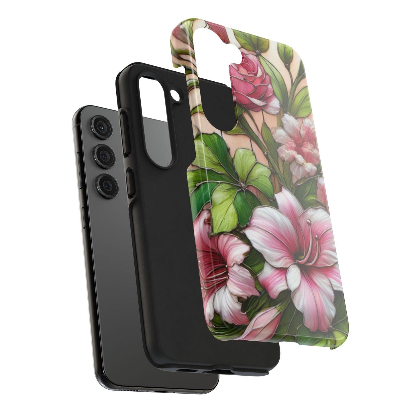 Floral Tough Phone Case - Durable Protection with Tropical Hibiscus Pink and Green Design