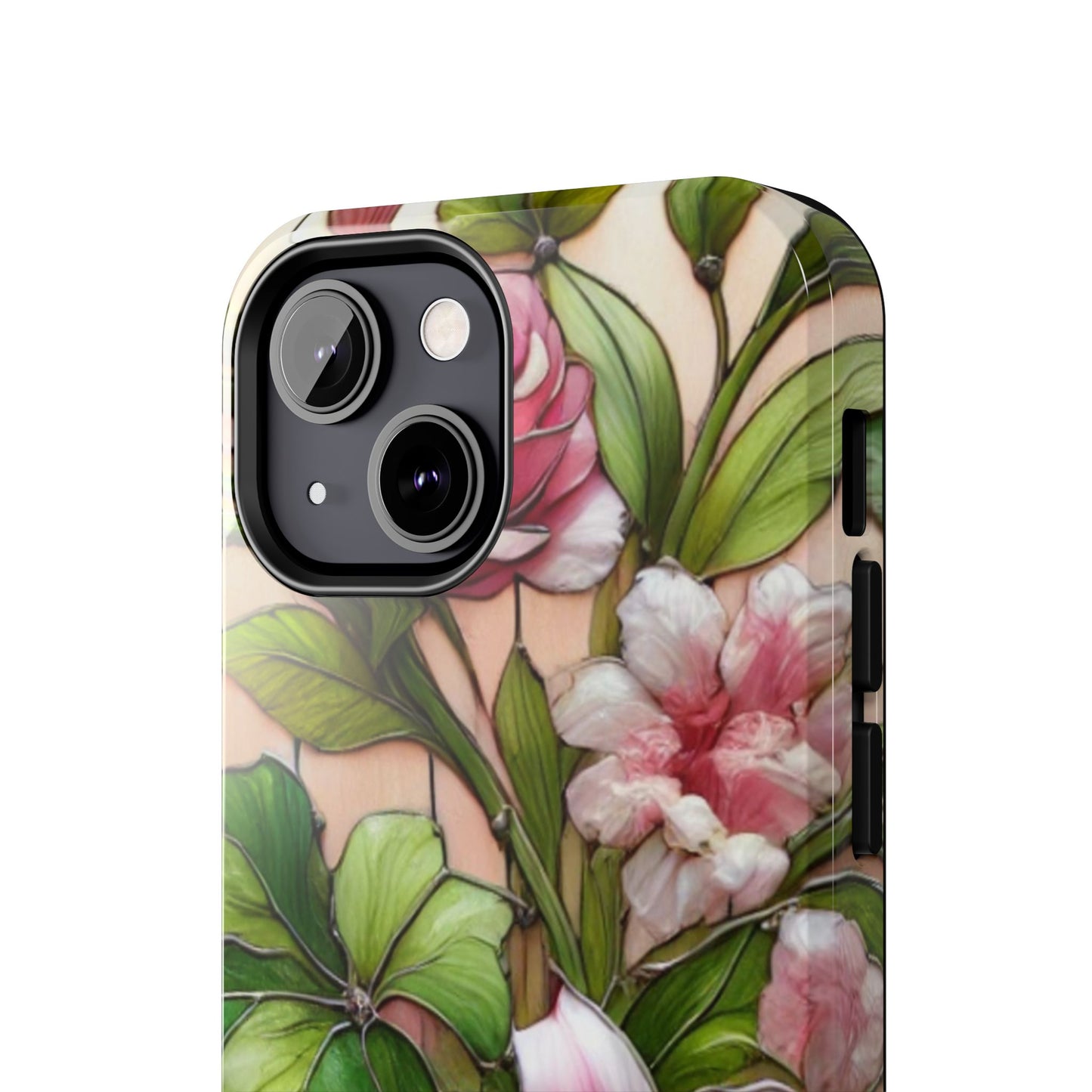 Floral Tough Phone Case - Durable Protection with Tropical Hibiscus Pink and Green Design