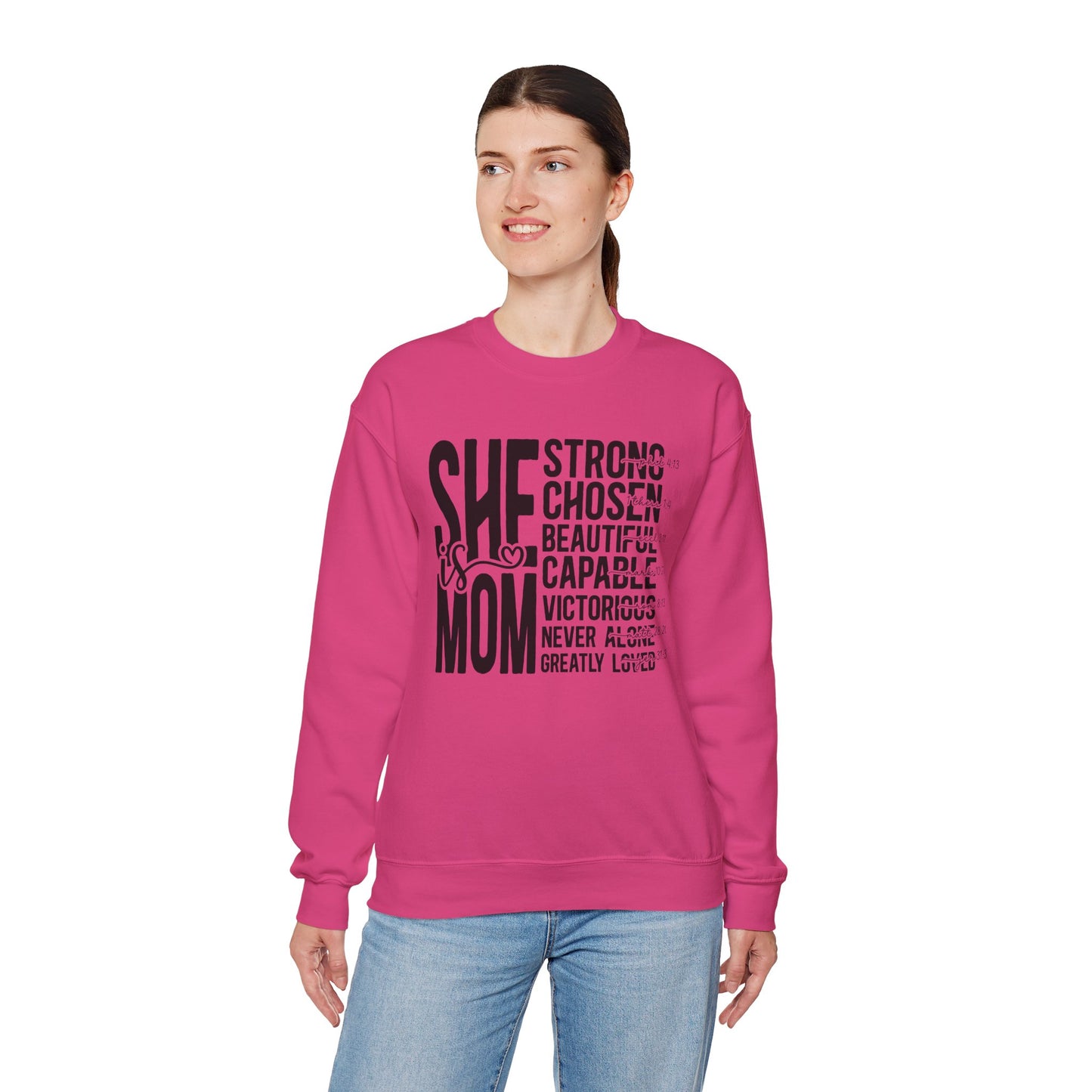 Inspirational Mom Crewneck Sweatshirt - Strong, Chosen, Capable Design