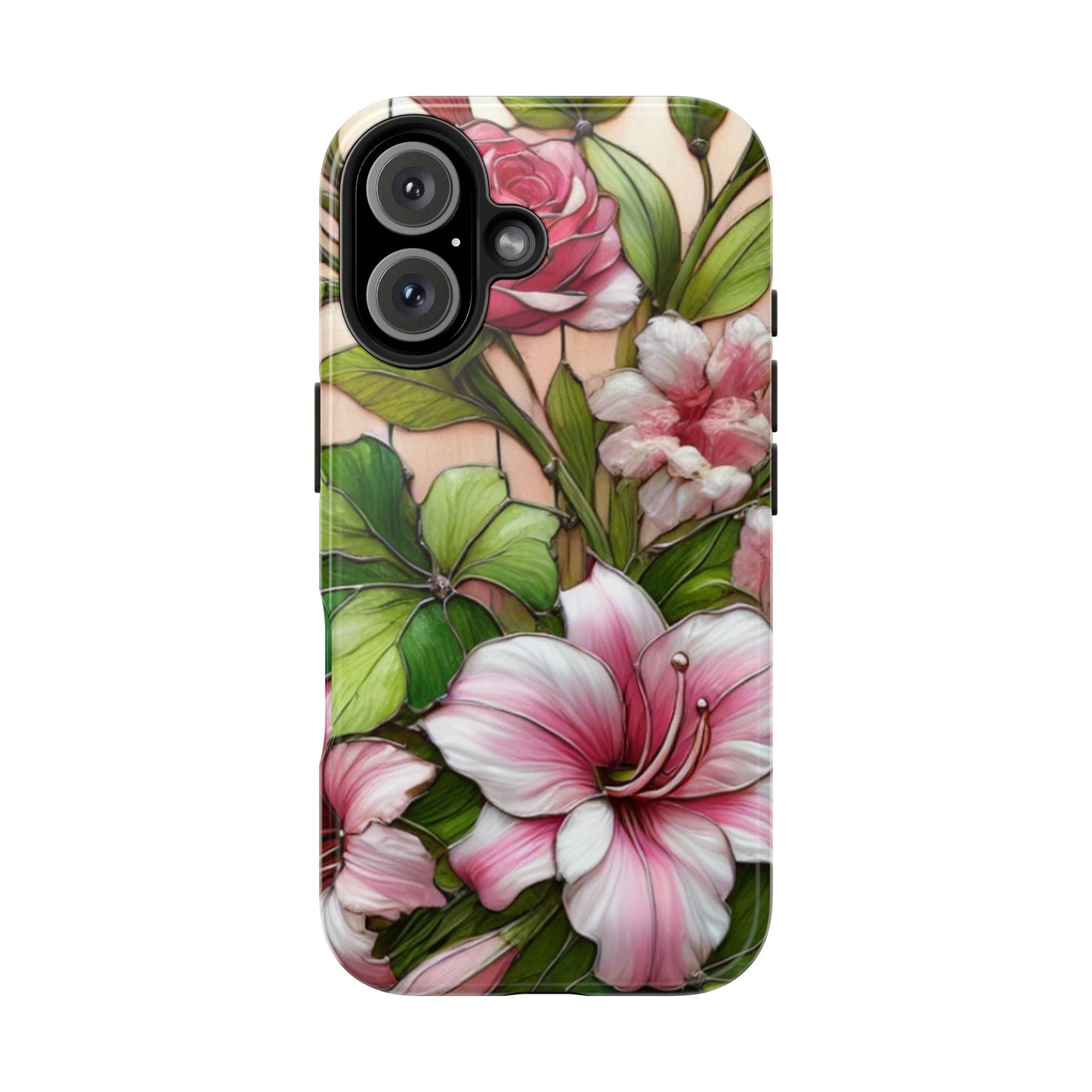 Floral Tough Phone Case - Durable Protection with Tropical Hibiscus Pink and Green Design