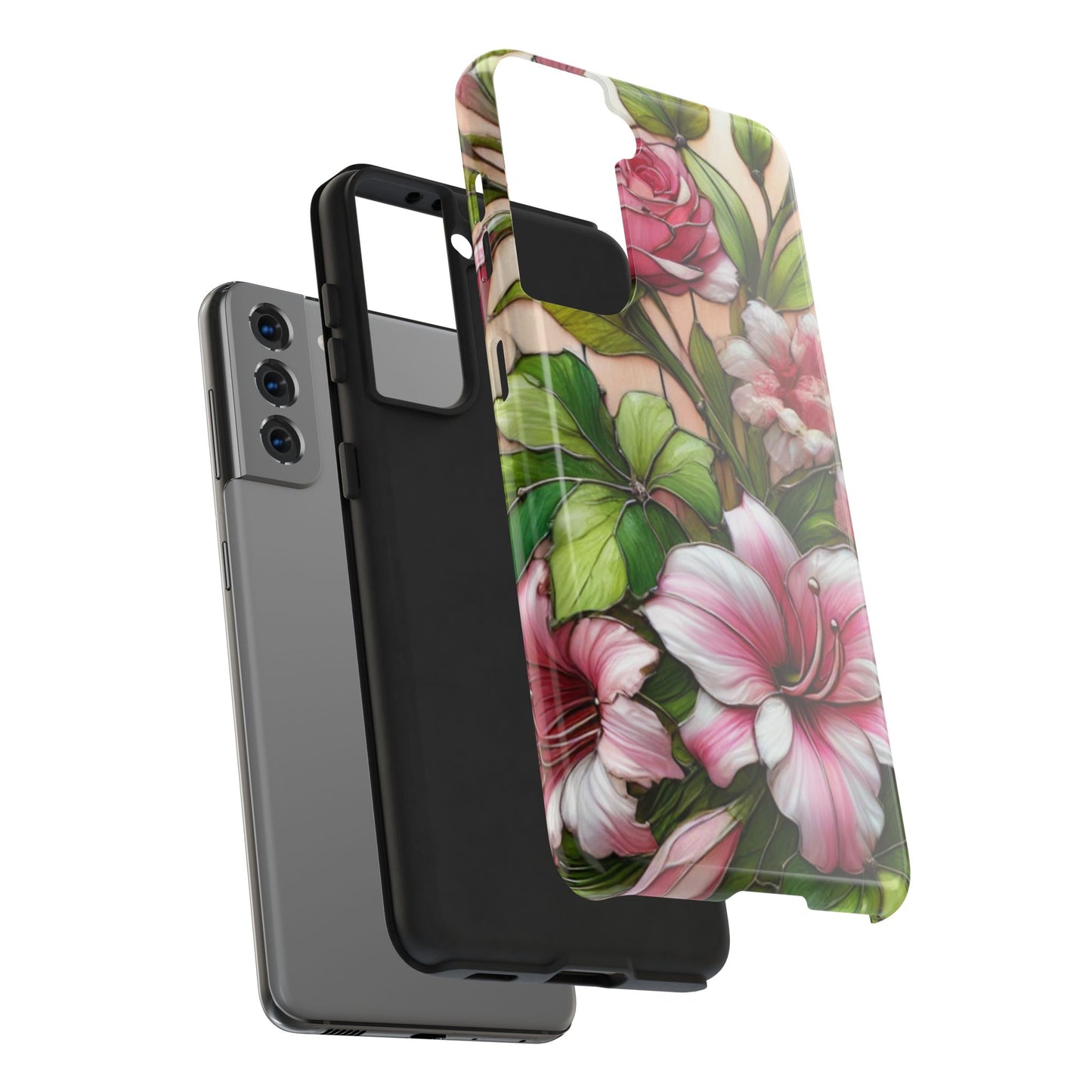 Floral Tough Phone Case - Durable Protection with Tropical Hibiscus Pink and Green Design