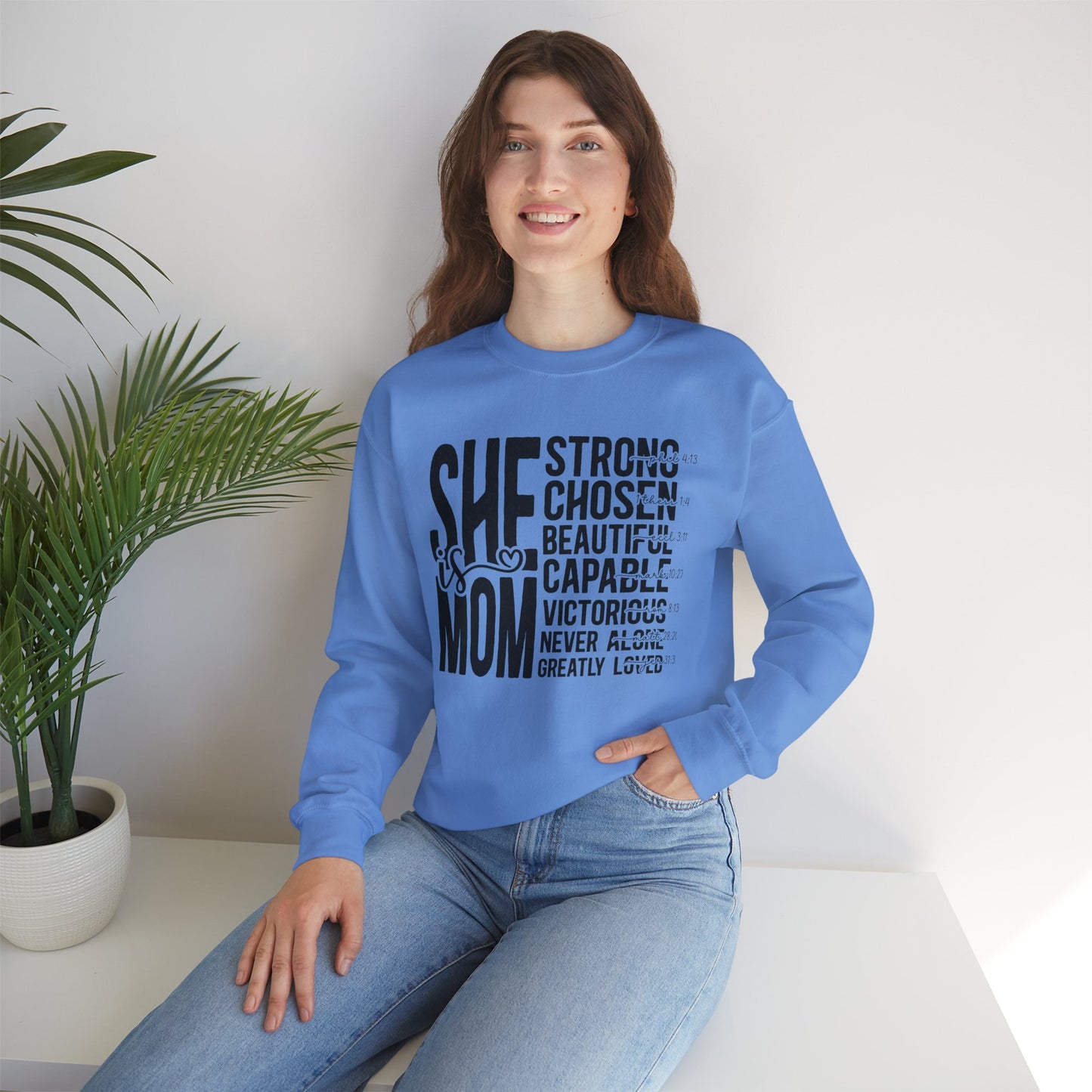 Inspirational Mom Crewneck Sweatshirt - Strong, Chosen, Capable Design