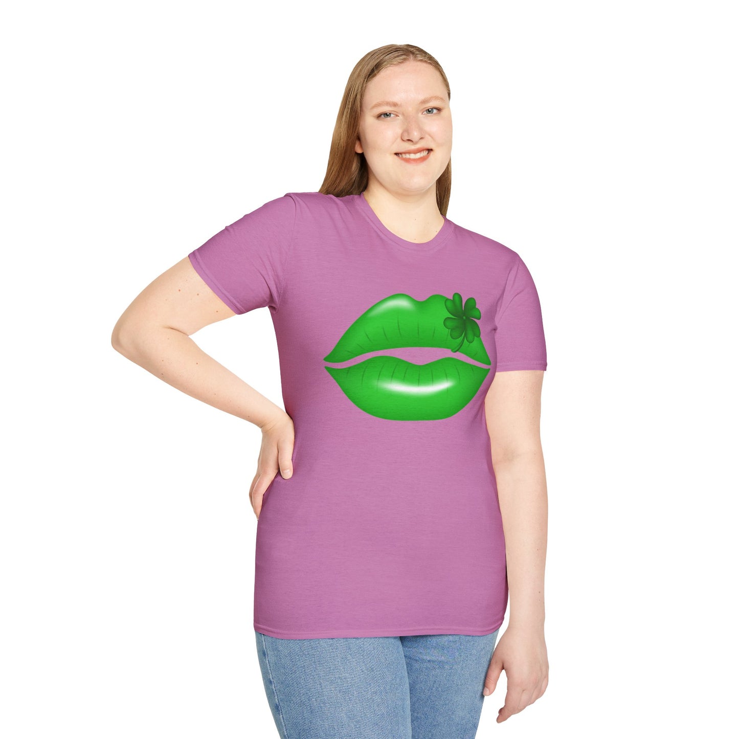 Luck of the Irish Unisex Softstyle T-Shirt - Green Kiss & Shamrock Design