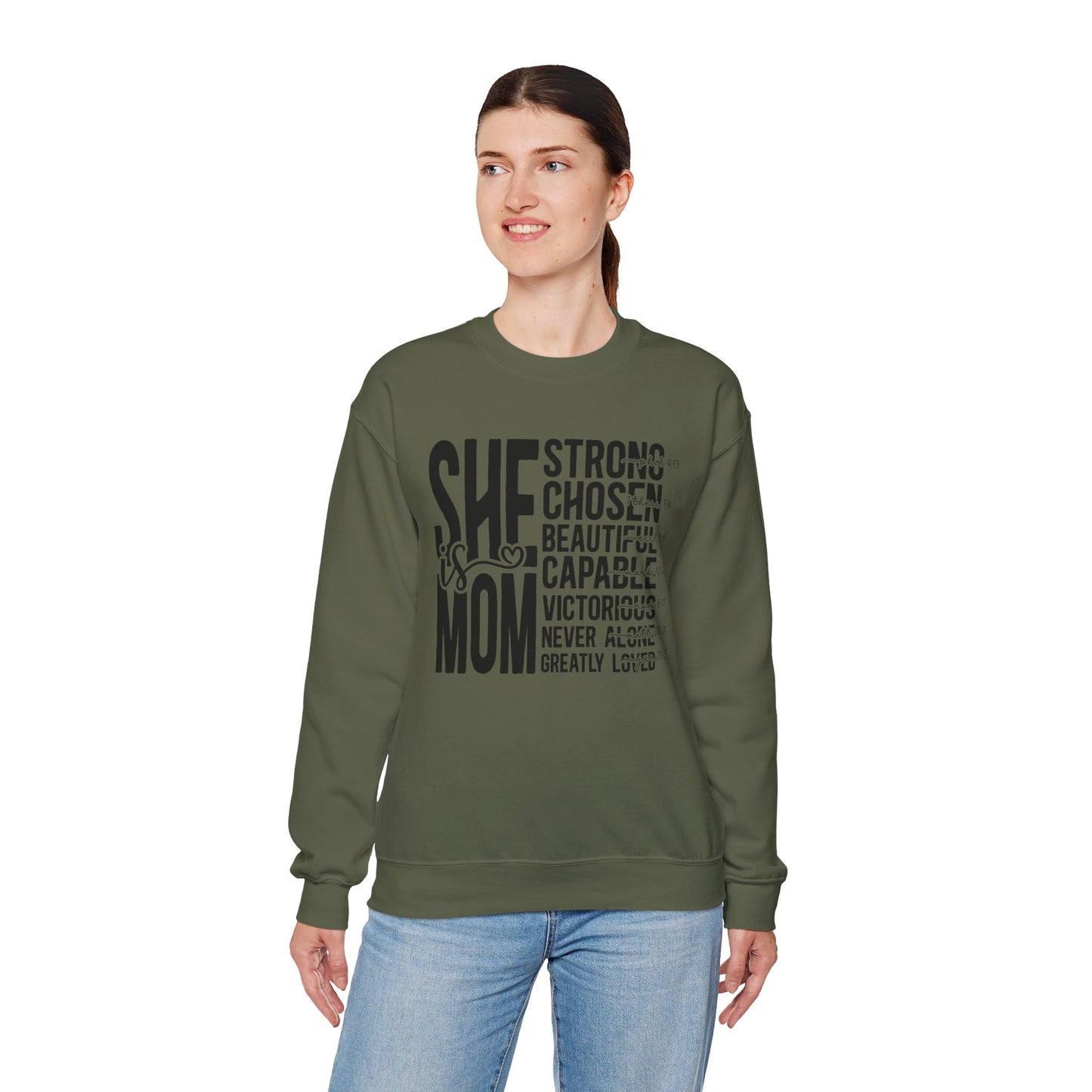 Inspirational Mom Crewneck Sweatshirt - Strong, Chosen, Capable Design