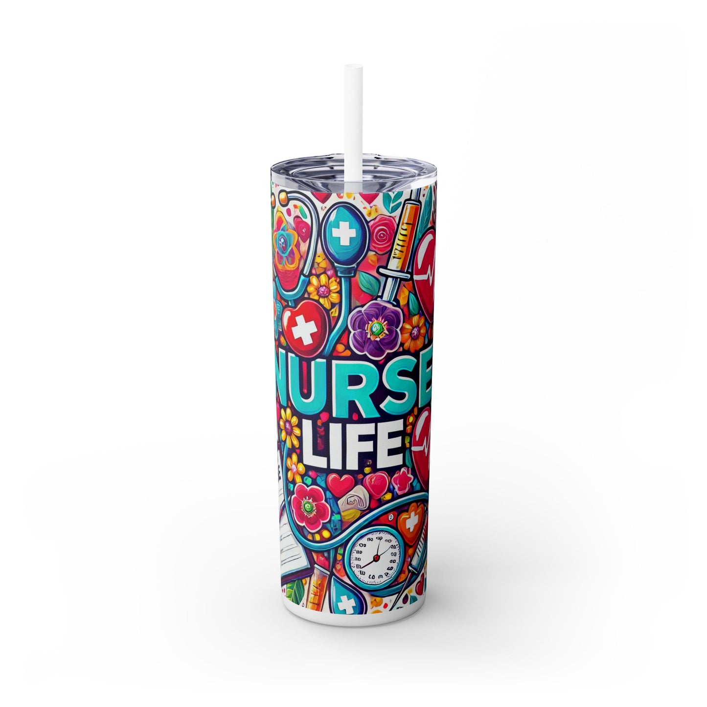 Nurse Life Tumbler with Straw - 20oz, Colorful Floral Design