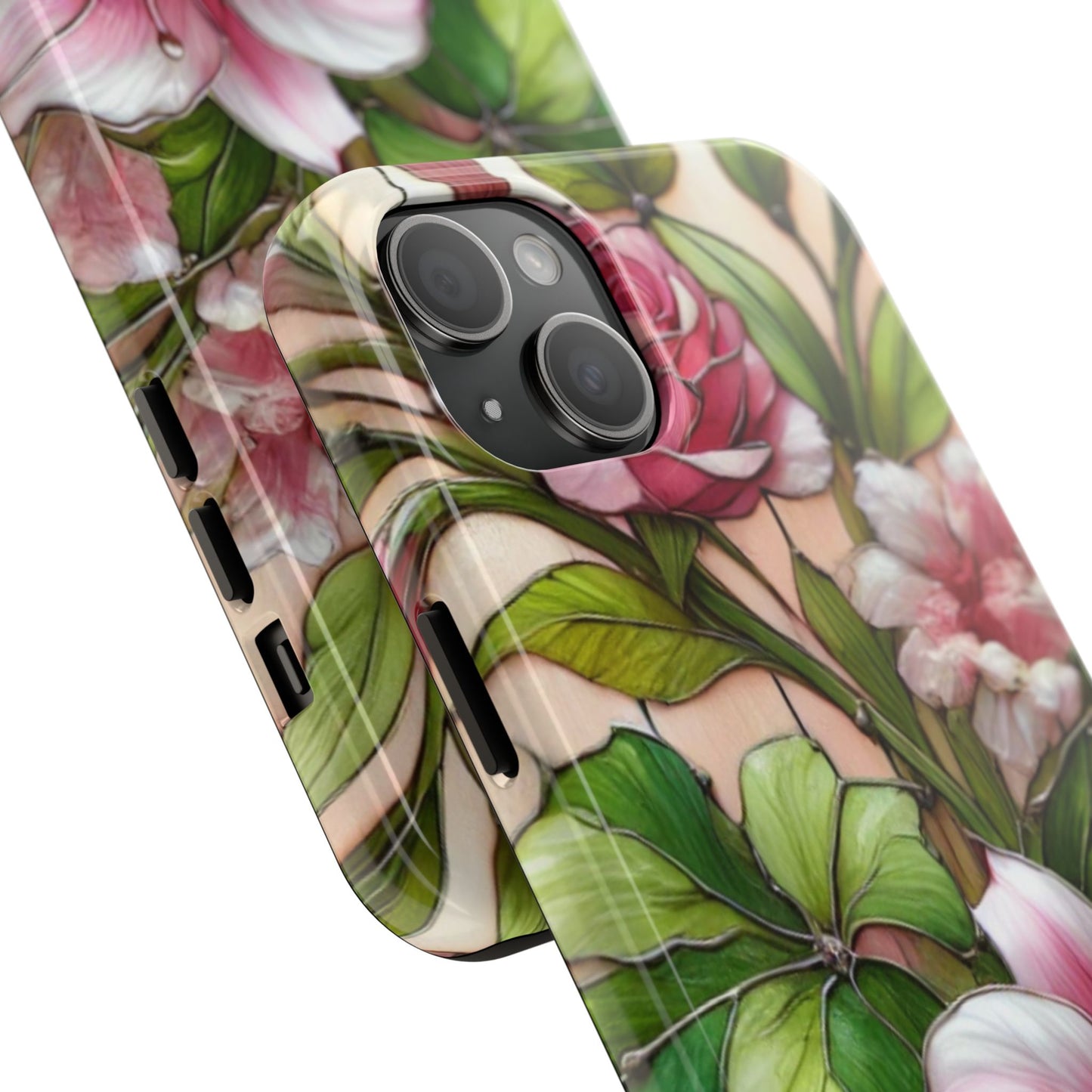 Floral Tough Phone Case - Durable Protection with Tropical Hibiscus Pink and Green Design