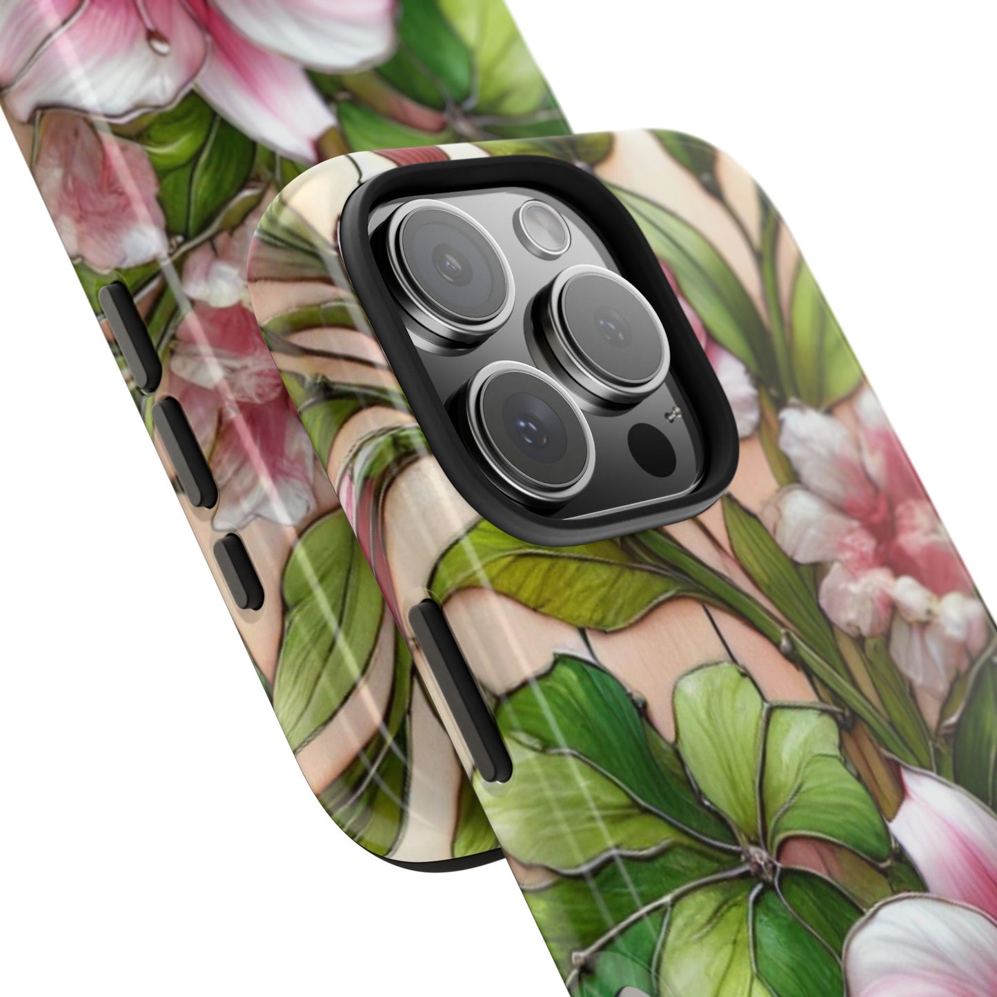 Floral Tough Phone Case - Durable Protection with Tropical Hibiscus Pink and Green Design