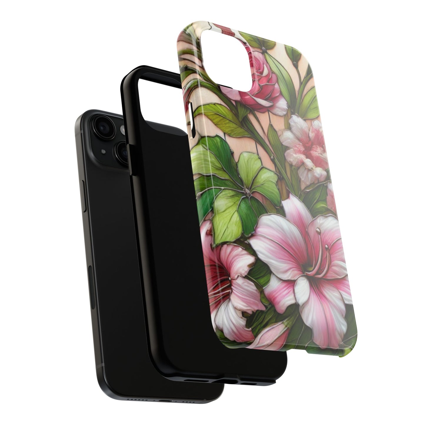 Floral Tough Phone Case - Durable Protection with Tropical Hibiscus Pink and Green Design