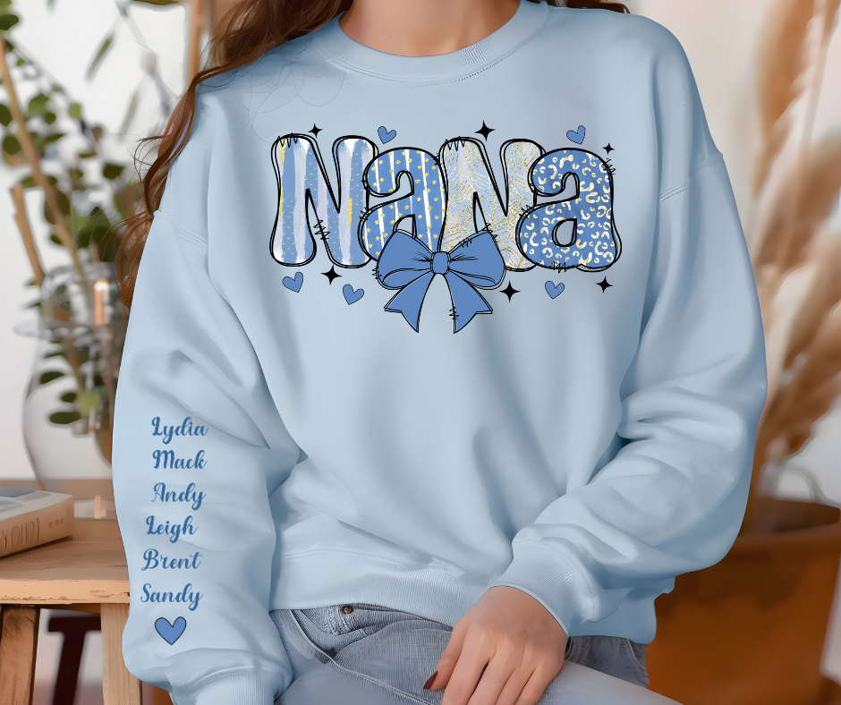 Personalized Nana Mother's Day Crewneck Sweatshirt with grandkids' names on the sleeves