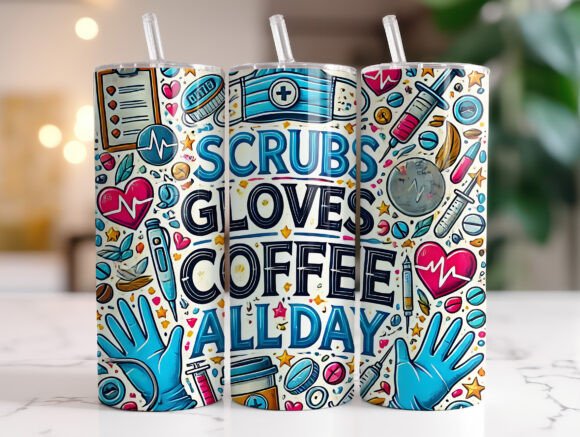 Nurse Coffee Tumbler with Straw - 20oz Scrubs, Gloves, Coffee Design