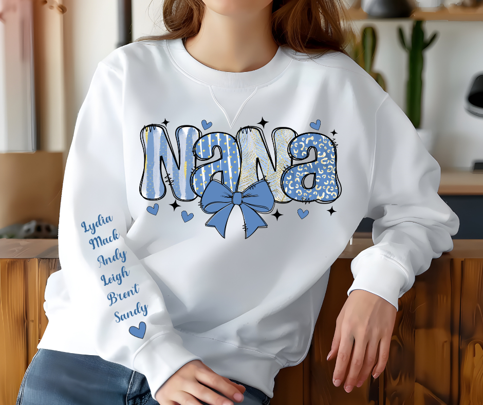 Personalized Nana Mother's Day Crewneck Sweatshirt with grandkids' names on the sleeves