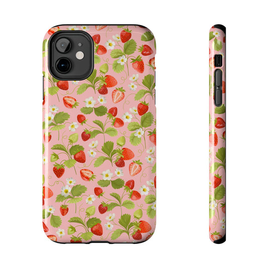 Strawberry Floral Tough Phone Case, Cute Phone Cover, Nature Lovers Gift, Summer Vibe, Durable Phone Protector, Trendy Tech Accessory